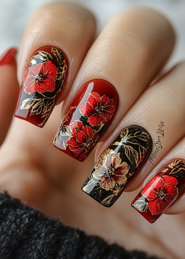 Elegant red and black floral nail art with intricate designs and glossy finish.