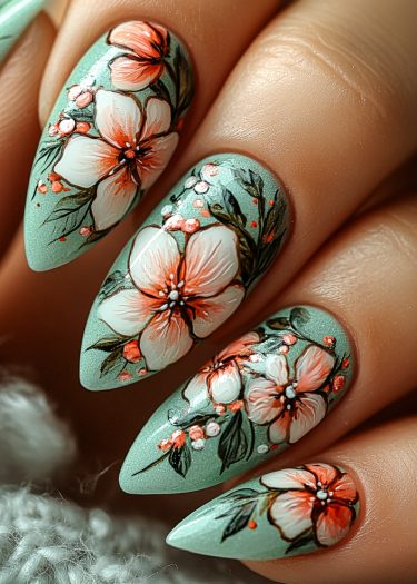 Elegant floral stiletto nail art with mint green base and intricate peach and white designs.