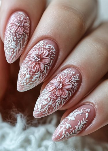 Elegant floral stiletto nail art featuring 3D designs and rhinestones on a soft pink base.