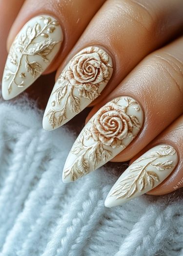 Elegant almond-shaped nails featuring 3D floral designs in shimmering gold on a creamy base.