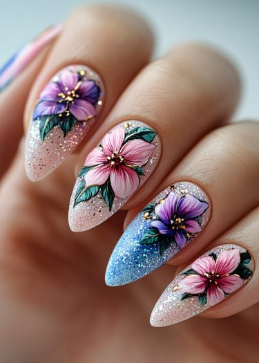 Stunning floral stiletto nails with a pink-blue gradient and glitter accents for elegant nail art.