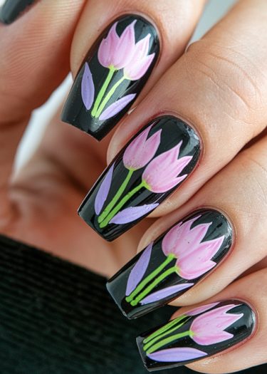 Elegant floral nail art featuring glossy black base and pink tulip designs.