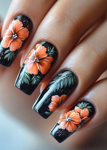 Elegant black nail art featuring vibrant orange hibiscus flowers and detailed green leaves.