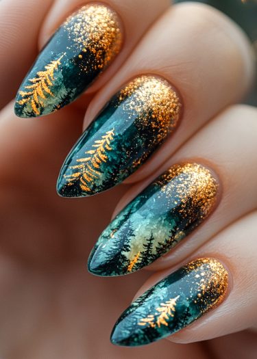 Elegant forest dusk nail art with gold glitter and detailed fern patterns on almond-shaped nails.