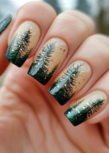 Intricate forest gradient nail art with evergreen trees and sparkling glitter on glossy beige nails.