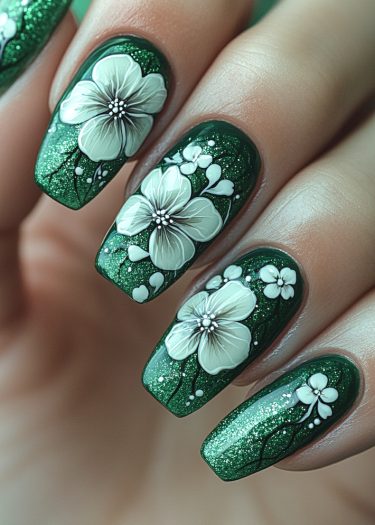 Elegant forest green floral nail art design featuring intricate white flowers and sparkling details.