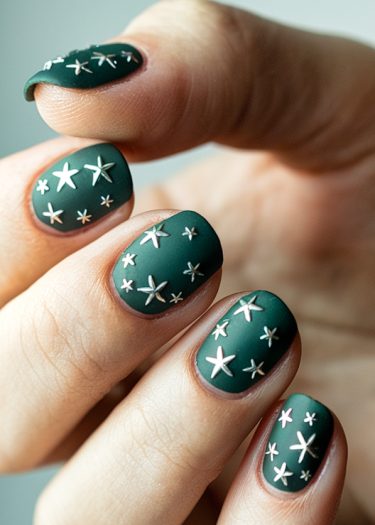 Elegant matte dark teal nails with shimmering stars for a trendy and sophisticated look.