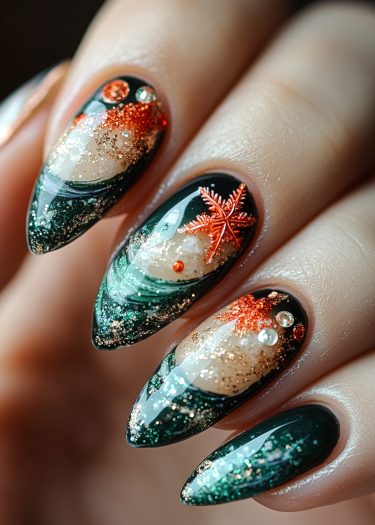 Stiletto nails with deep black and metallic green design, adorned with vibrant coral embellishments.