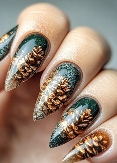 Stiletto nails with dark green base and pinecone designs showcase elegant holiday nail art.