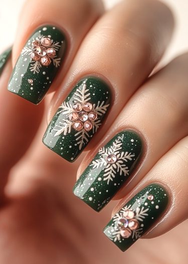 Elegant forest green nails with white snowflakes and rose gold rhinestones for festive charm.