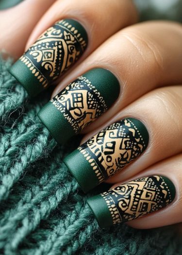 Elegant forest green tribal nail art with intricate black and gold geometric patterns.