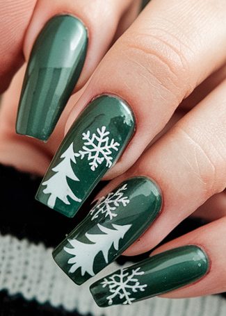 Elegant forest green winter nail art with white snowflakes and trees on glossy stilettos.