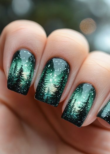 Beautiful forest scene nail art with coniferous trees and twinkling stars against a twilight backdrop.