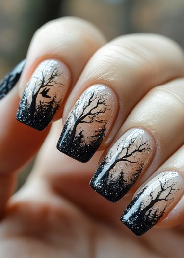 Forest silhouette nail art featuring a serene dusk scene with glittering stars and bare trees.