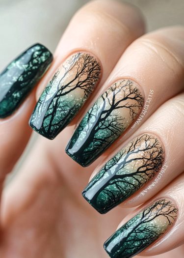 Elegant forest silhouette nail art with gradient green-beige background and detailed tree designs.