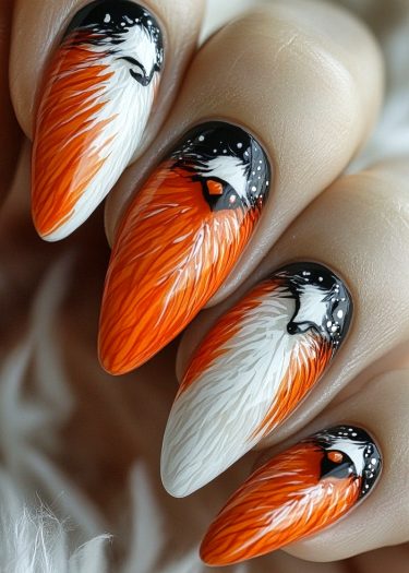 Intricate fox-themed nail art in vibrant colors on stiletto-shaped nails.