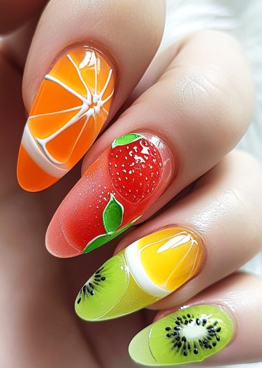 Vibrant fruit-themed nail art featuring orange, strawberry, kiwi, and lemon designs on almond-shaped nails.