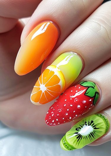 Vibrant fruit-themed nail art featuring orange, strawberry, and kiwi designs for summer.