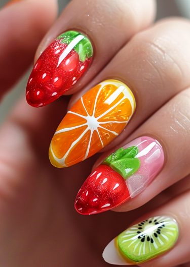 Vibrant fruit-themed nail art featuring strawberry, orange, and kiwi designs on almond-shaped nails.