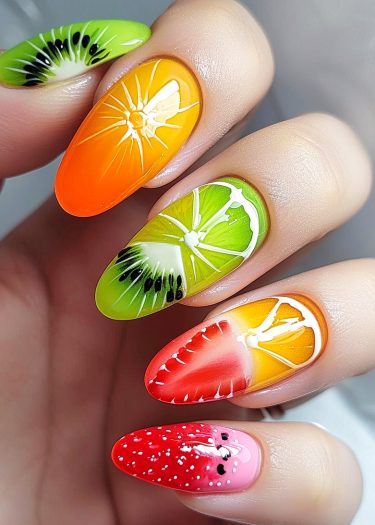 Vibrant fruit-themed nail art features kiwi, orange, lime, and strawberry designs for summer style.