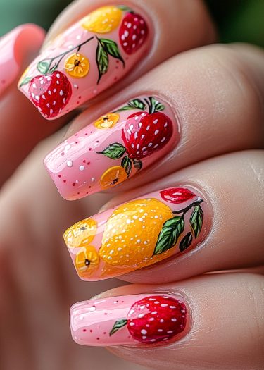 Vibrant fruit-themed nail art with strawberries and lemons on pink manicured nails.