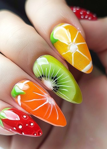 Vibrant fruity nail art featuring strawberry, orange, and kiwi designs on almond-shaped nails.