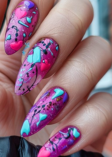 Vibrant fuchsia almond nails with colorful heart designs and sparkling embellishments for artistic flair.