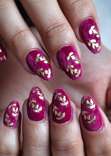 Elegant magenta velvet nails with gold leaf art, showcasing stunning nail design and luxurious style.