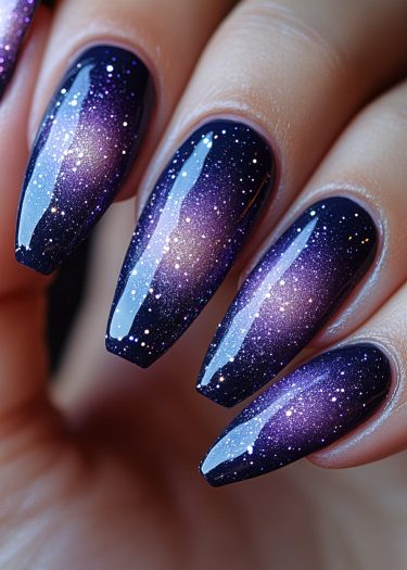 Stunning galaxy-themed nail art with vibrant colors and star-like specks for a celestial look.