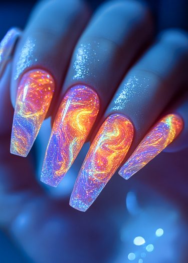 Galactic gradient nails feature vibrant colors and stardust effects for a cosmic manicure look.