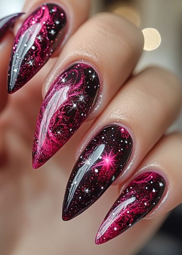 Stunning cosmic galaxy gradient nails with pink swirls and star accents on a black background.