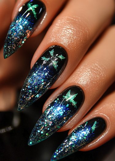 Elegant galaxy gradient nails feature deep blue to glittering black with holographic stars.