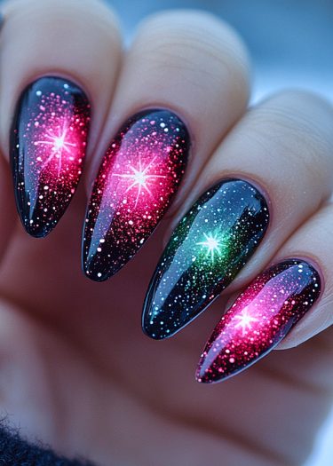 Stunning galaxy nail art featuring vibrant colors, star designs, and a glossy finish.