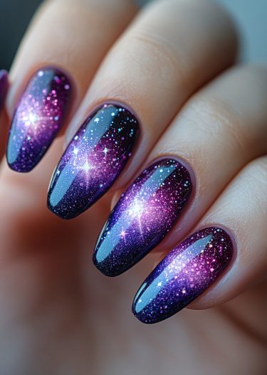 Stunning galaxy nail art with purple gradient, iridescent glitter, and intricate star designs.