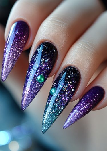 Elegant galaxy nail art with cosmic purple gradient and shimmering glitter accents.