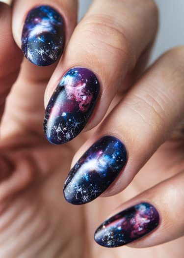 Stunning galaxy-themed nail art with vibrant colors and intricate cosmic designs on almond-shaped nails.