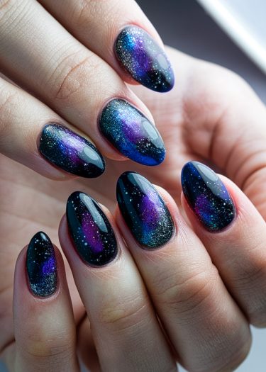 Elegant galaxy-themed nail art with almond shapes, featuring vibrant cosmic colors and glossy finish.