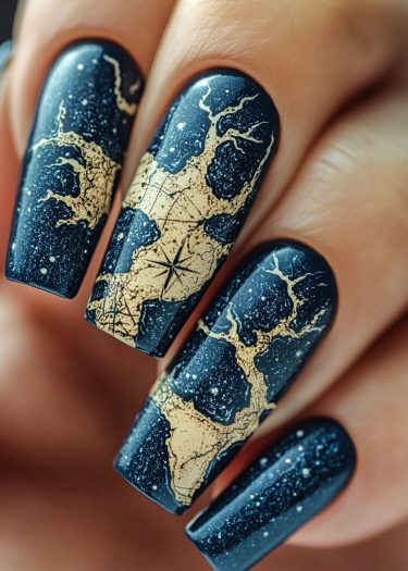 Stunning galaxy nail art with deep blue, gold antique map designs, and speckled star accents.