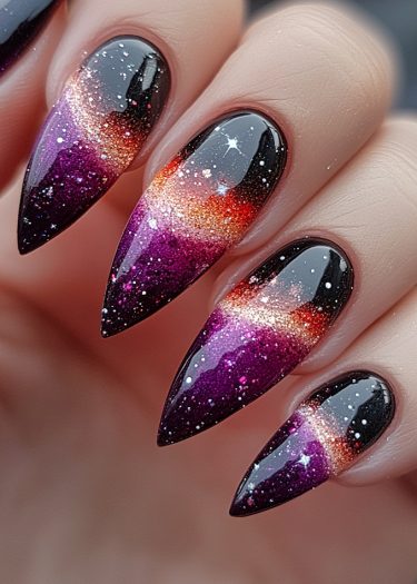 Stunning galaxy nail design with stiletto shape, dark gradients, and sparkling cosmic accents.