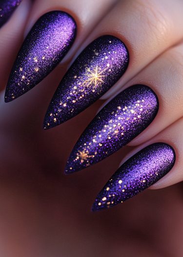 Stunning galaxy-themed purple nails with starbursts and shimmering cosmic designs.