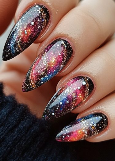 Galaxy-inspired stiletto nails with vibrant cosmic colors and sparkling star accents.