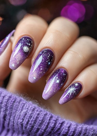 Galaxy-themed nail art featuring cosmic nails with glitter and starburst designs.