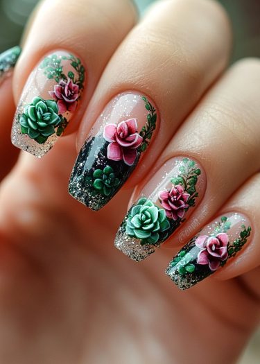 Elegant garden-themed nail art featuring realistic succulent designs and glitter accents.