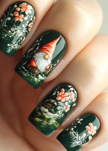 Whimsical garden-themed nail art featuring a gnome and floral designs on dark green nails.