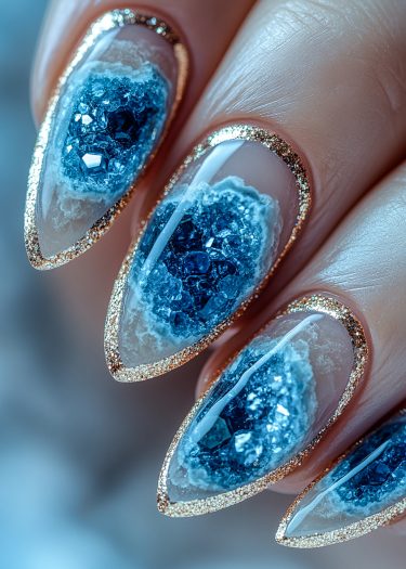 Stunning blue geode crystal nail art with glitter accents on almond-shaped nails.