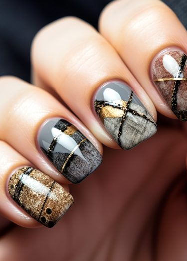 Elegant geometric gray and gold nail art with intricate designs and texture.