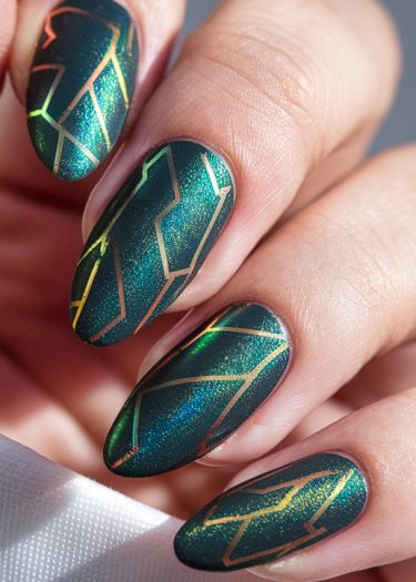 Elegant dark green and gold geometric nail art with shimmering metallic finish.