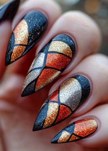 Elegant geometric metallic nail art with shimmering colors and intricate designs for a bold statement.