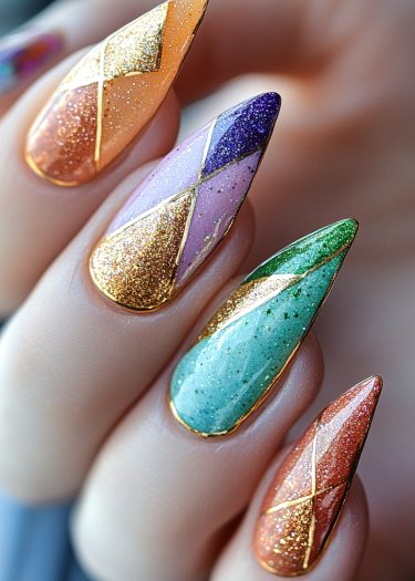 Vibrant geometric nail art featuring intricate designs, shimmering colors, and elegant almond shapes.