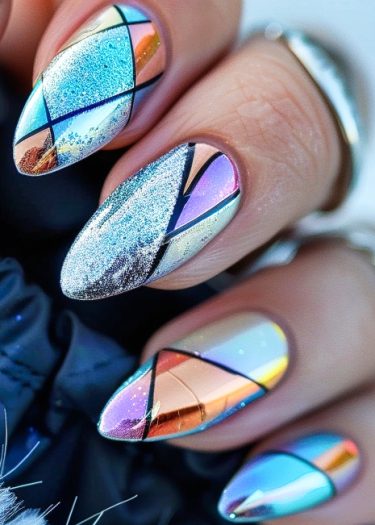 Elegant geometric nail art with colorful mosaic design and metallic accents.